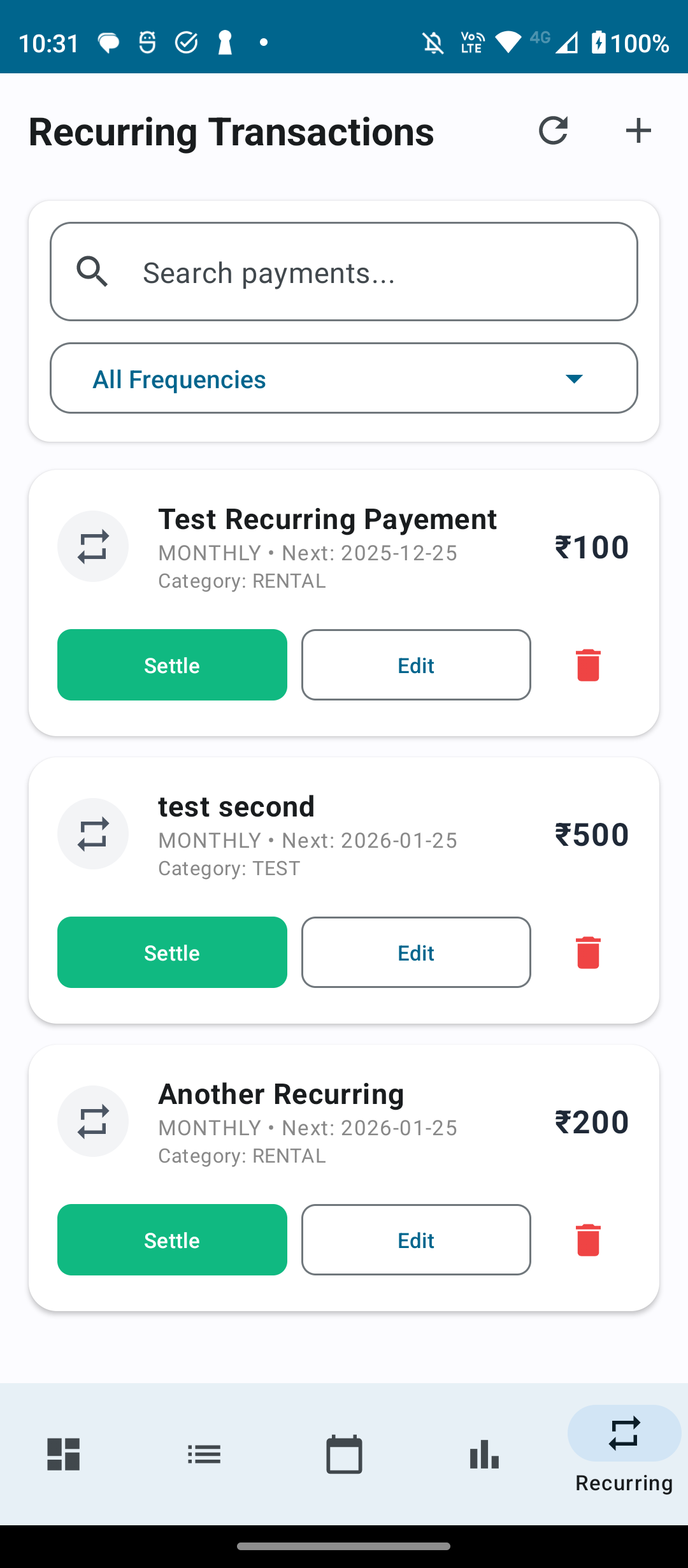Recurring transactions screen