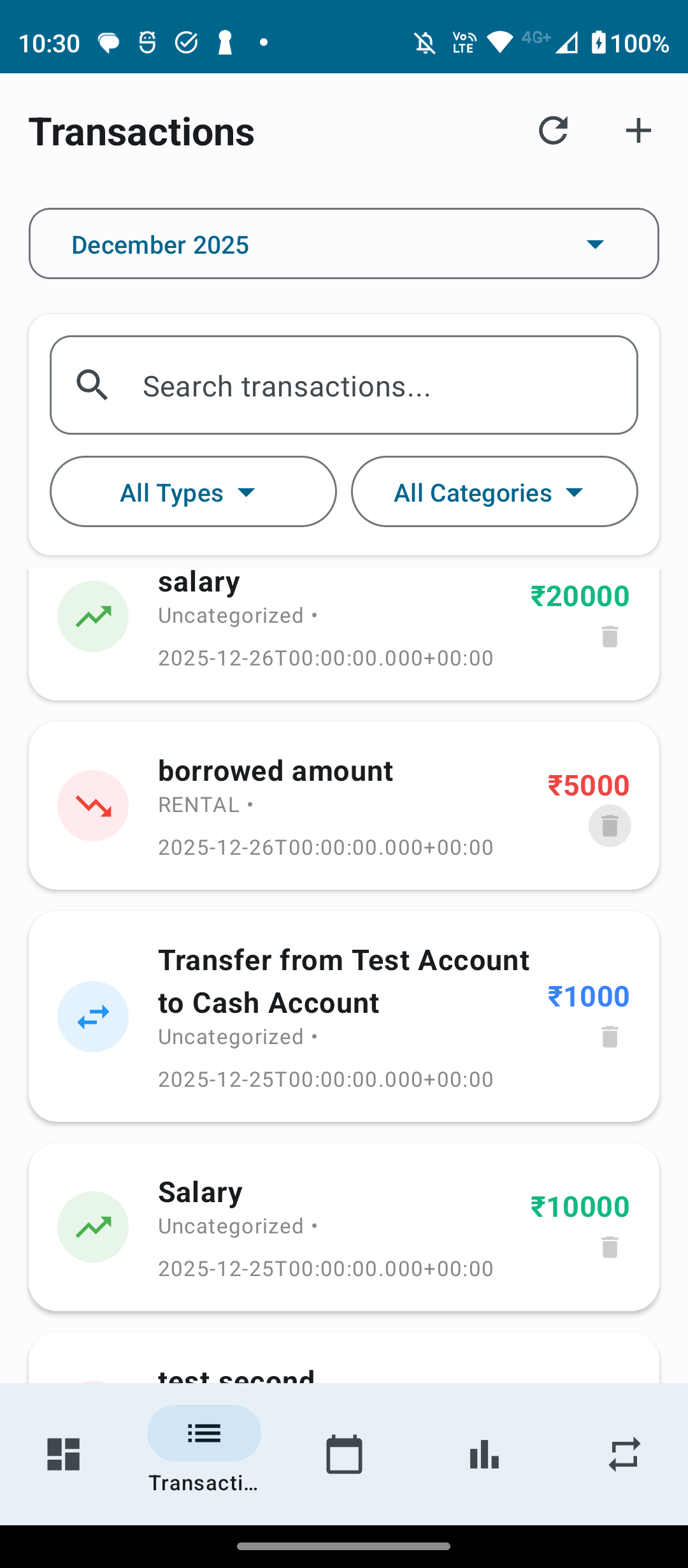 Transactions screen